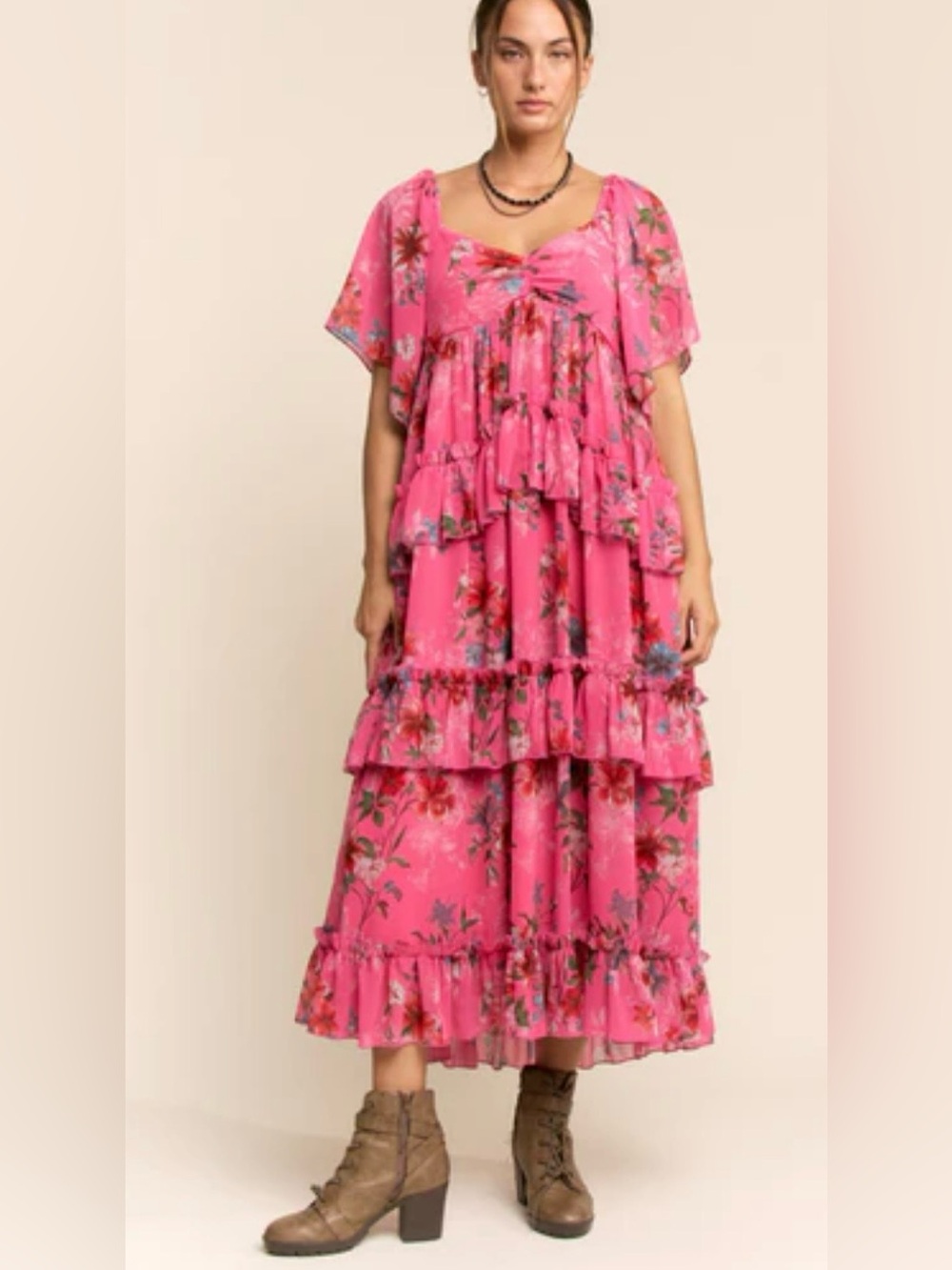 Davi & Dani Floral printed ruffle dress in orchid pink